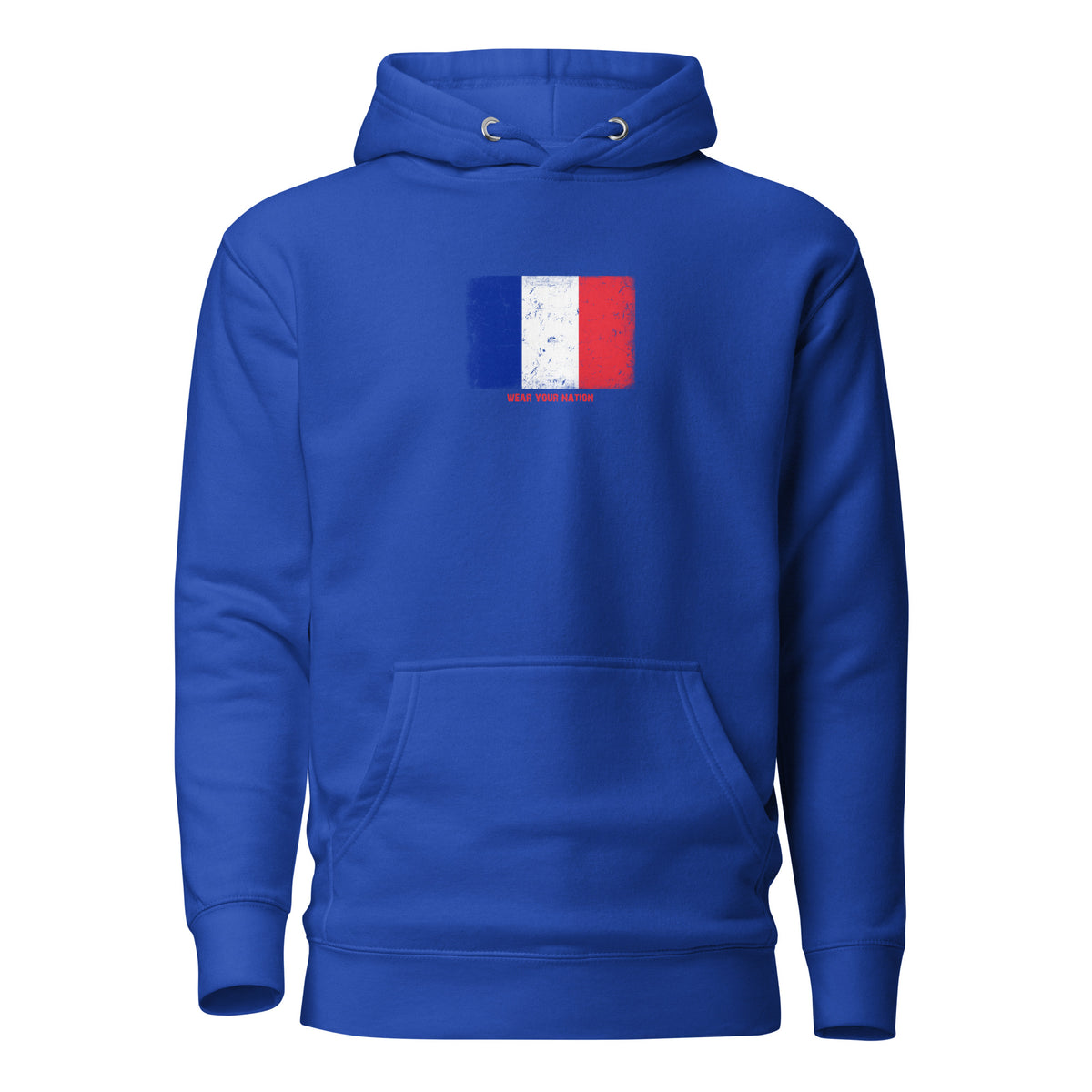 France flag hoodie in Team Royal, vintage-washed print, flag on the chest, unisex cut, front view