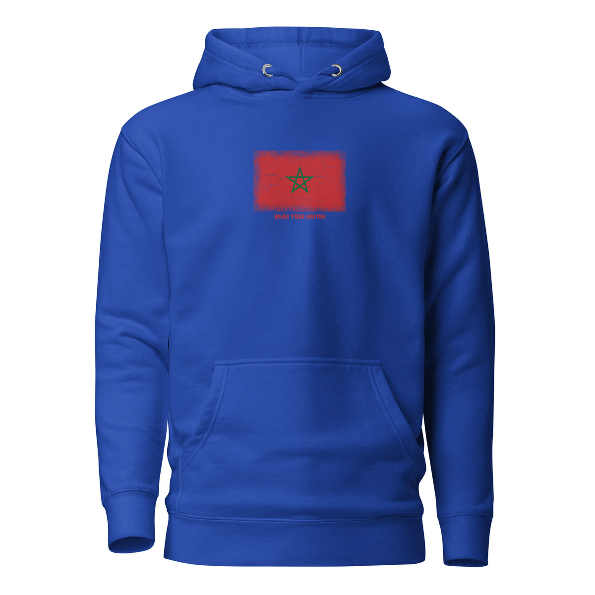 Morocco flag hoodie in Team Royal, vintage-washed print, flag on the chest, unisex cut, front view