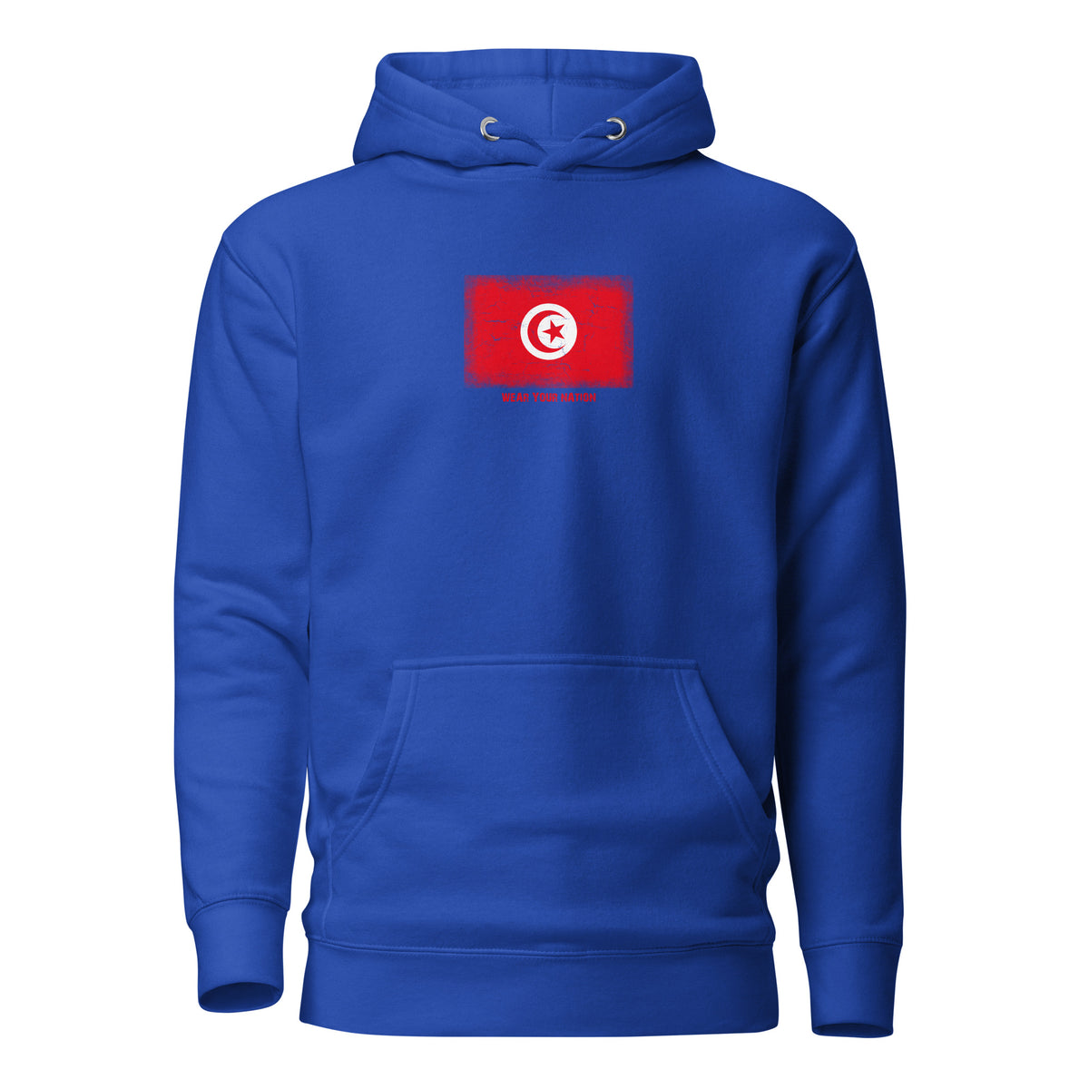 Tunisia flag hoodie in Team Royal, vintage-washed print, flag on the chest, unisex cut, front view