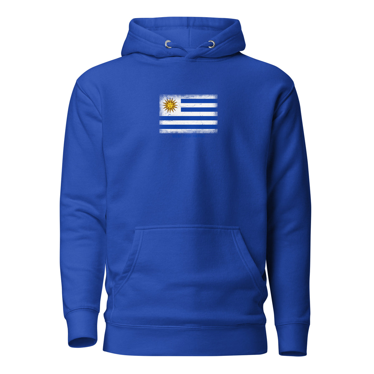 Uruguay flag hoodie in Team Royal, vintage-washed print, flag on the chest, unisex cut, front view