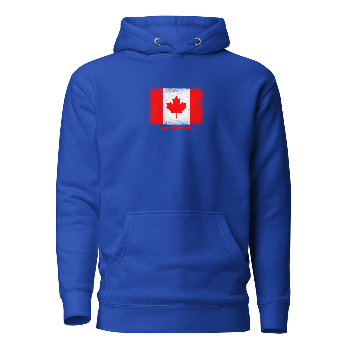 Canada flag hoodie in Team Royal, vintage-washed print, flag on the chest, unisex cut, front view