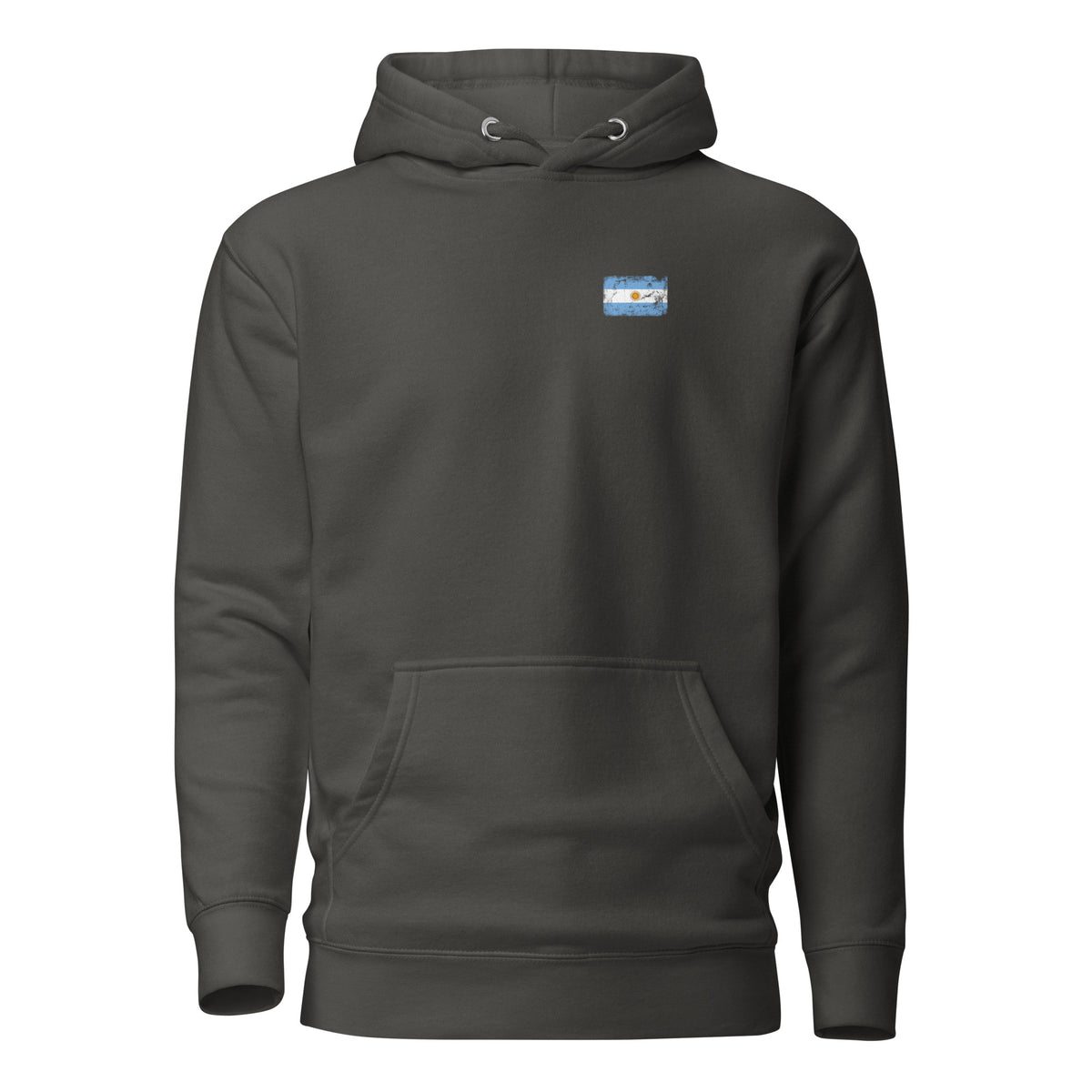 Argentina flag hoodie in Vintage Black, vintage-washed print, small flag on the left chest, unisex cut, front view