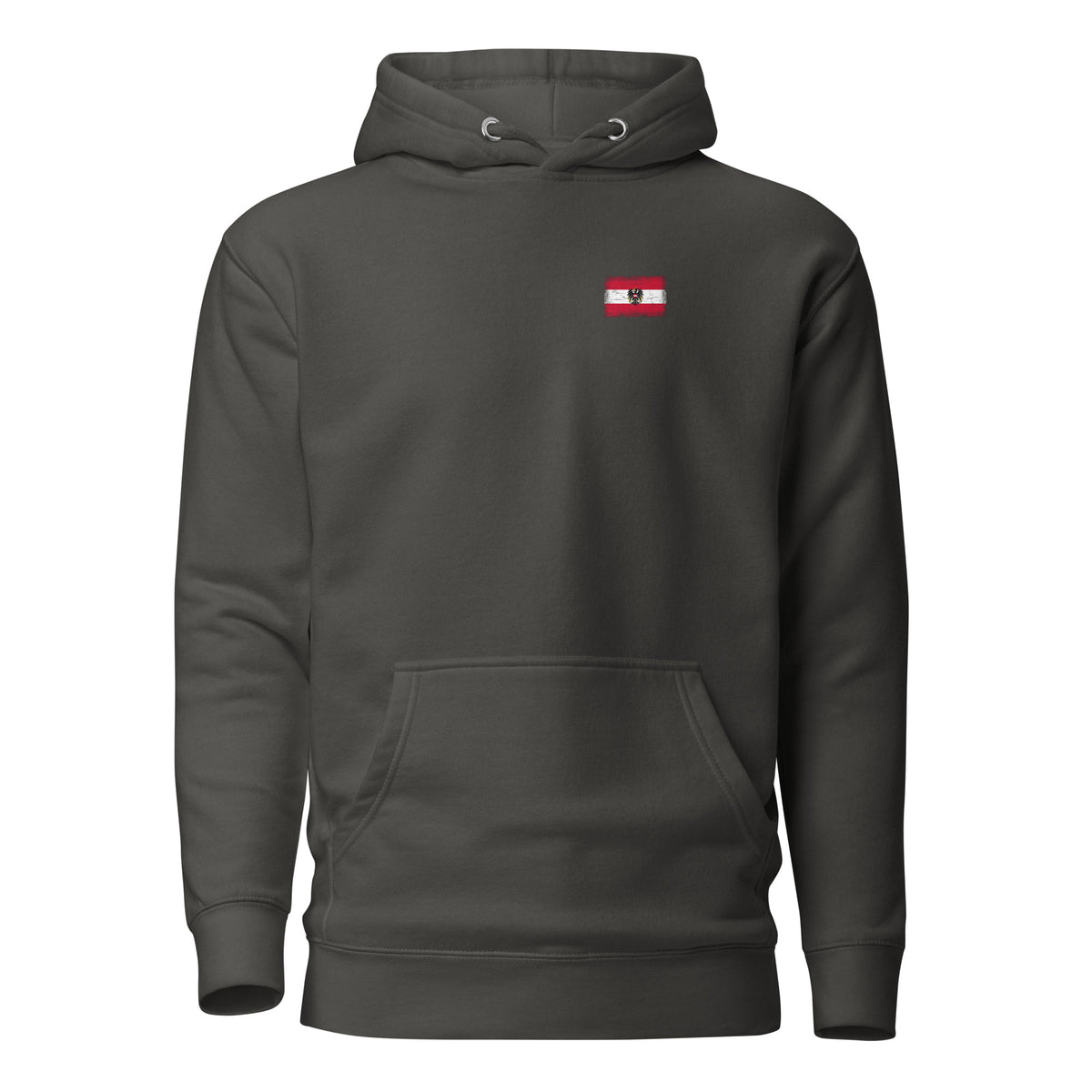 Austria flag hoodie in Vintage Black, vintage-washed print, small flag on the left chest, unisex cut, front view