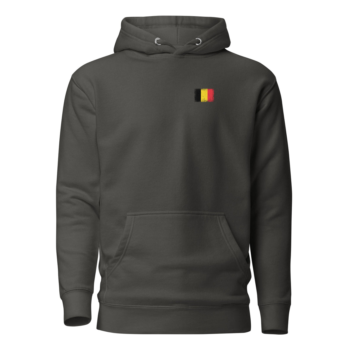 Belgium flag hoodie in Vintage Black, vintage-washed print, small flag on the left chest, unisex cut, front view