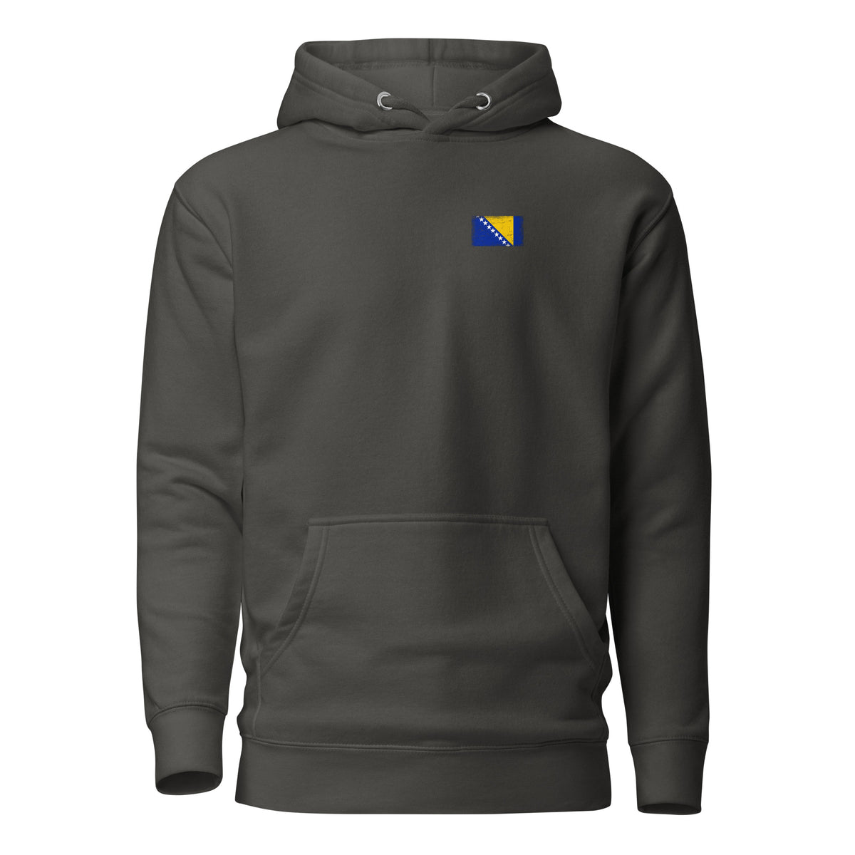 Bosnia and Herzegovina flag hoodie in Vintage Black, vintage-washed print, small flag on the left chest, unisex cut, front view