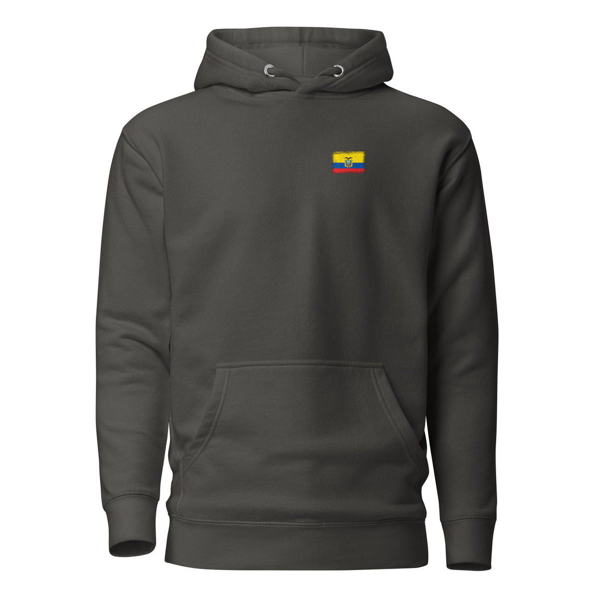 Ecuador flag hoodie in Vintage Black, vintage-washed print, small flag on the left chest, unisex cut, front view