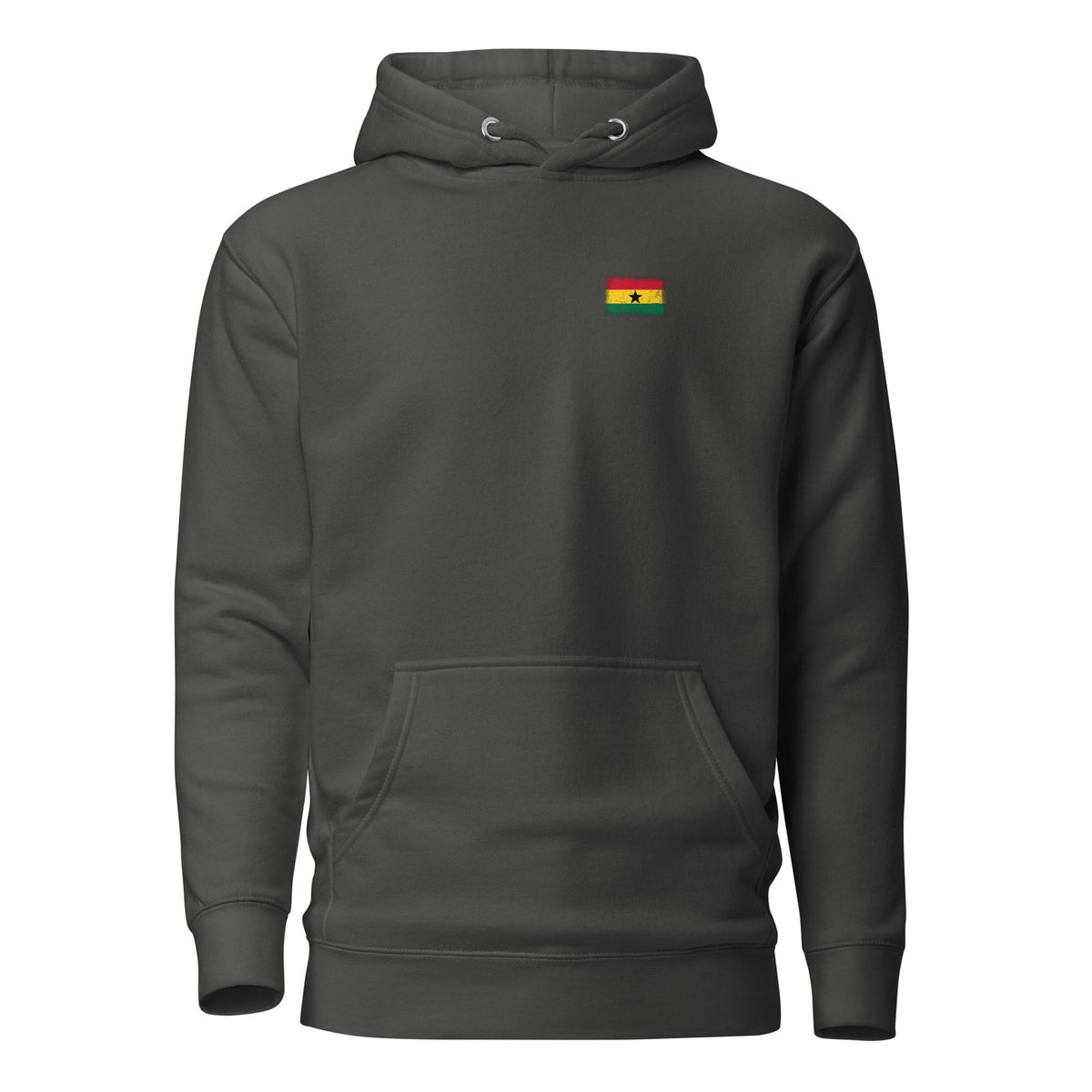 Ghana flag hoodie in Vintage Black, vintage-washed print, small flag on the left chest, unisex cut, front view