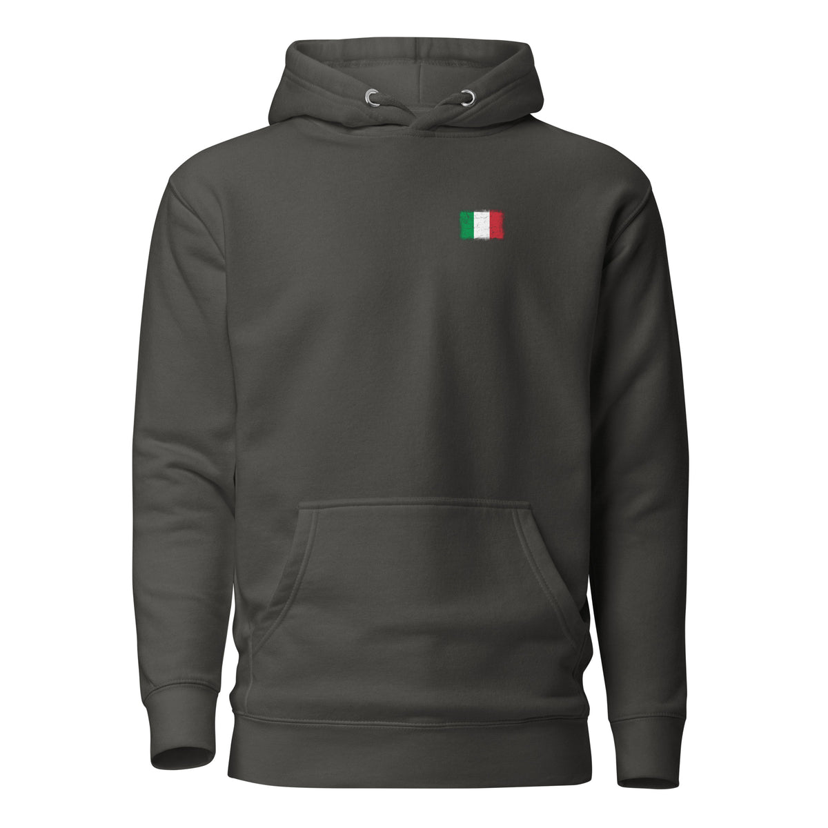 Italy flag hoodie in Vintage Black, vintage-washed print, small flag on the left chest, unisex cut, front view