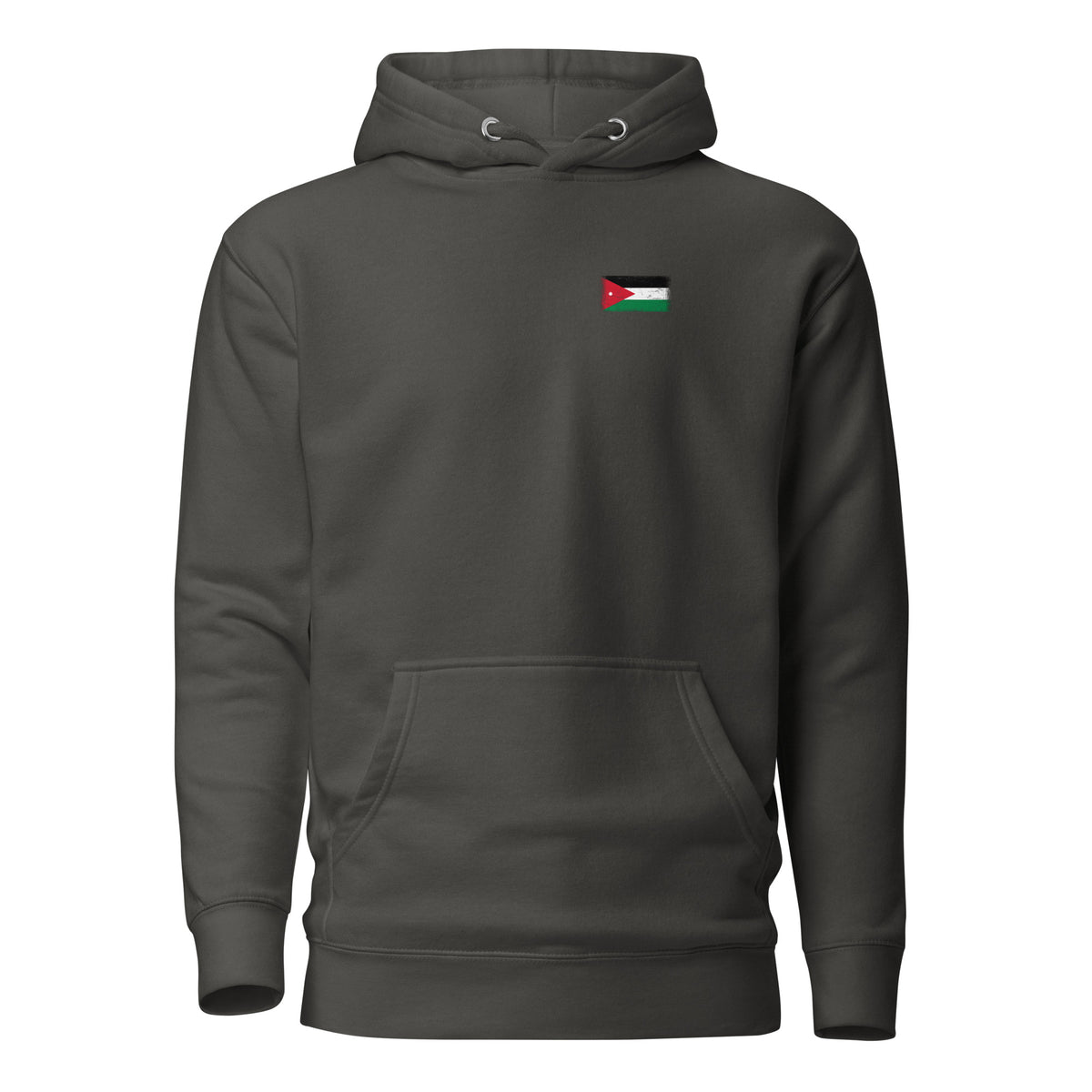 Jordan flag hoodie in Vintage Black, vintage-washed print, small flag on the left chest, unisex cut, front view