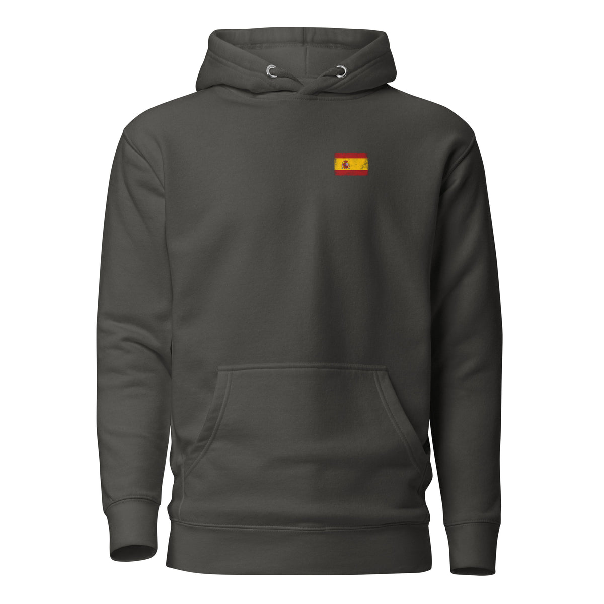 Spain flag hoodie in Vintage Black, vintage-washed print, small flag on the left chest, unisex cut, front view