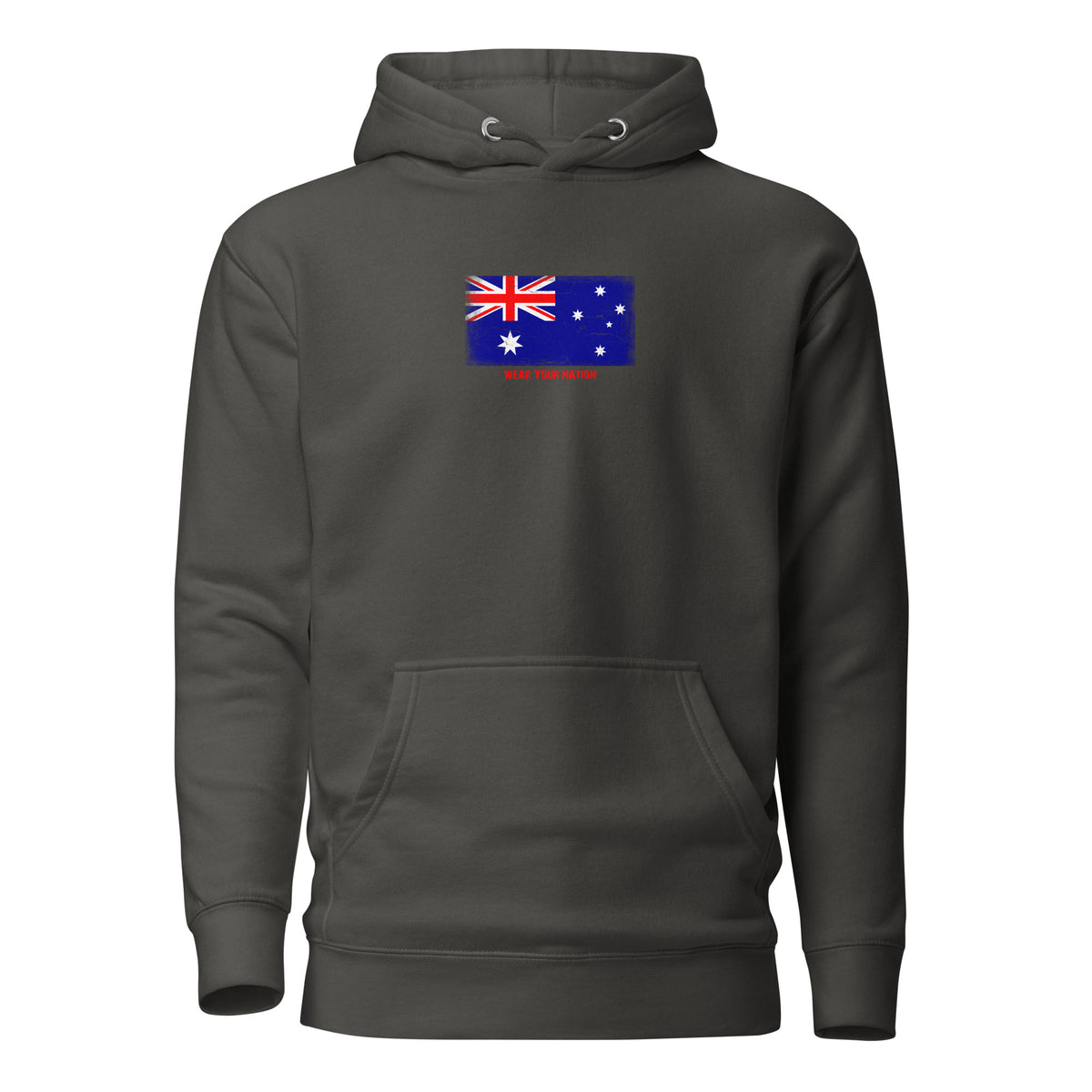 Australia flag hoodie in Vintage Black, vintage-washed print, flag on the chest, unisex cut, front view