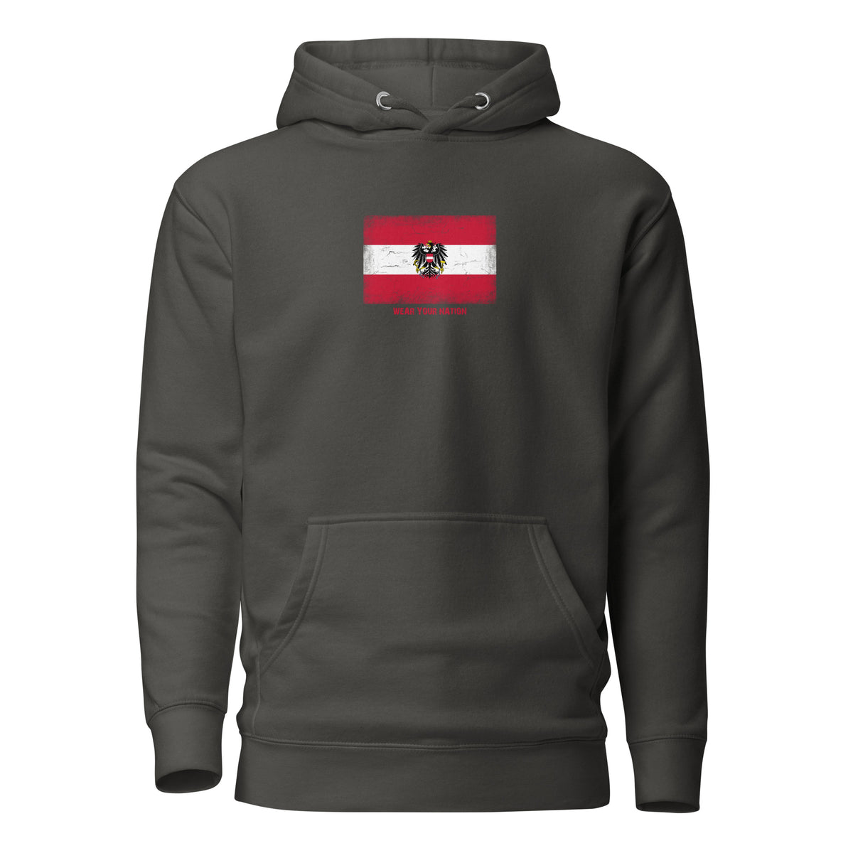 Austria flag hoodie in Vintage Black, vintage-washed print, flag on the chest, unisex cut, front view