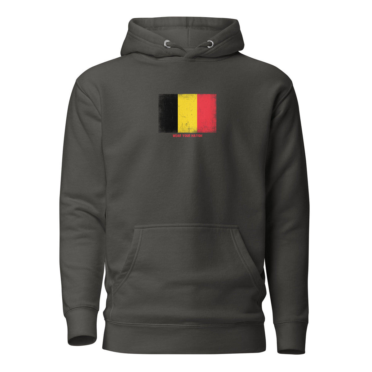 Belgium flag hoodie in Vintage Black, vintage-washed print, flag on the chest, unisex cut, front view