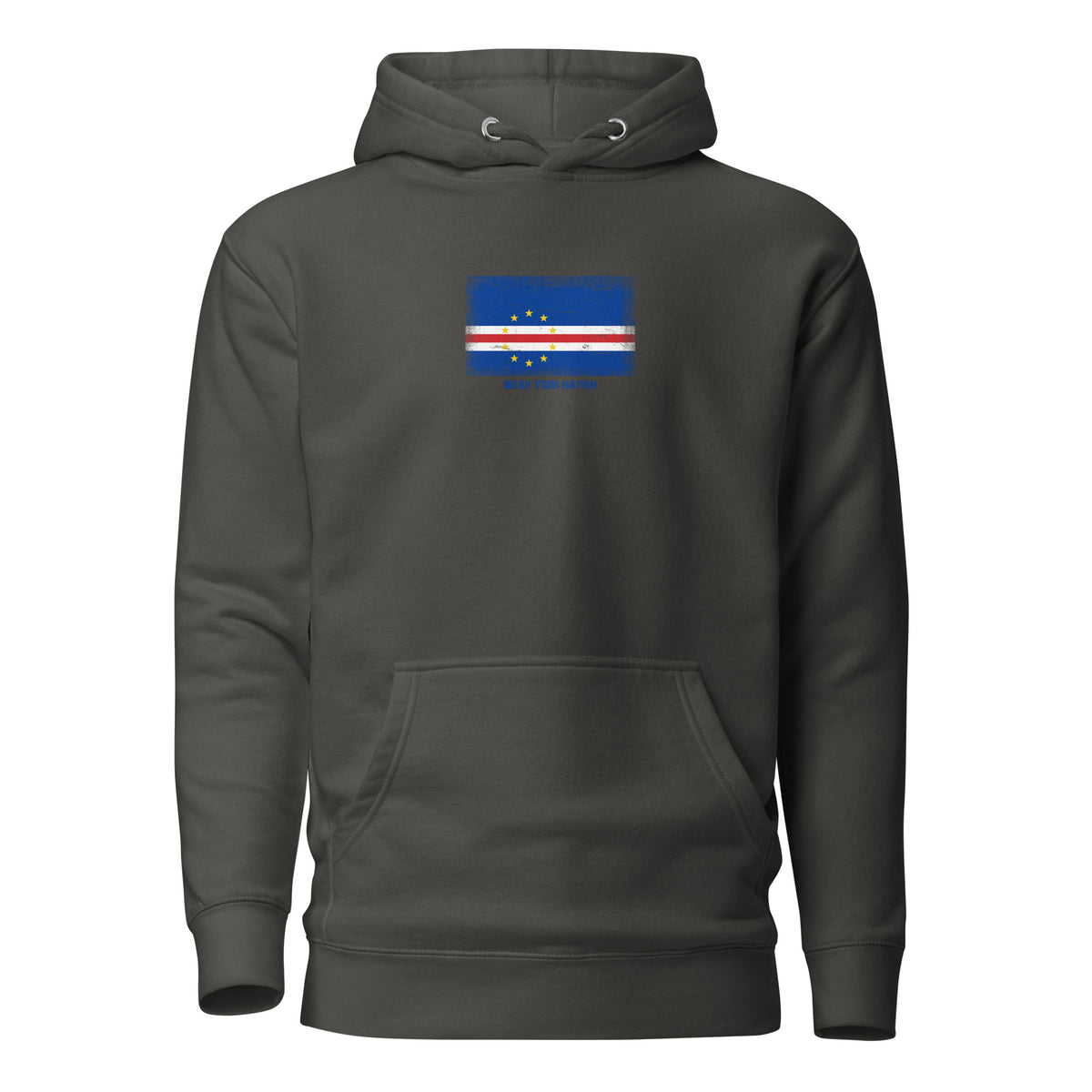 Cape Verde flag hoodie in Vintage Black, vintage-washed print, flag on the chest, unisex cut, front view