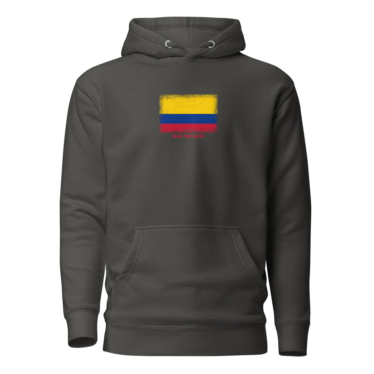 Colombia flag hoodie in Vintage Black, vintage-washed print, flag on the chest, unisex cut, front view