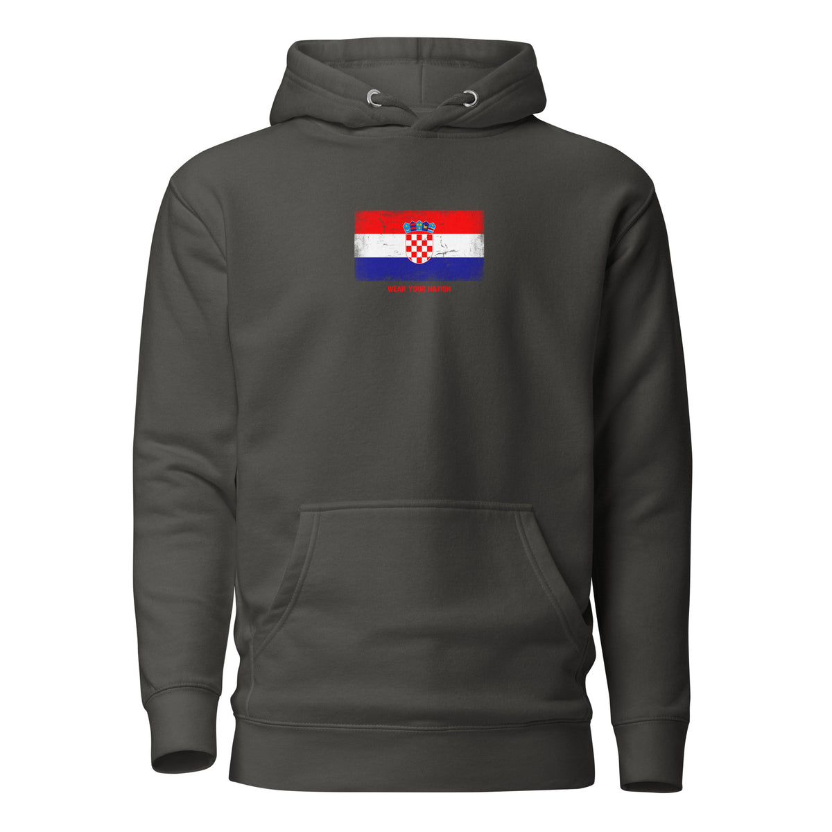 Croatia flag hoodie in Vintage Black, vintage-washed print, flag on the chest, unisex cut, front view