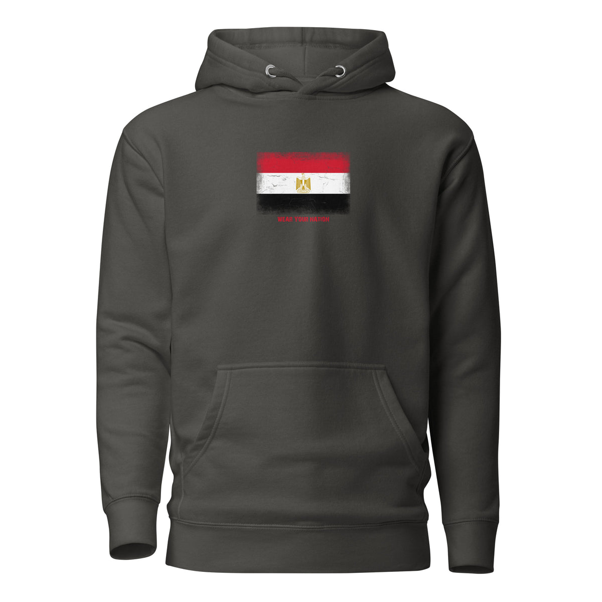 Egypt flag hoodie in Vintage Black, vintage-washed print, flag on the chest, unisex cut, front view