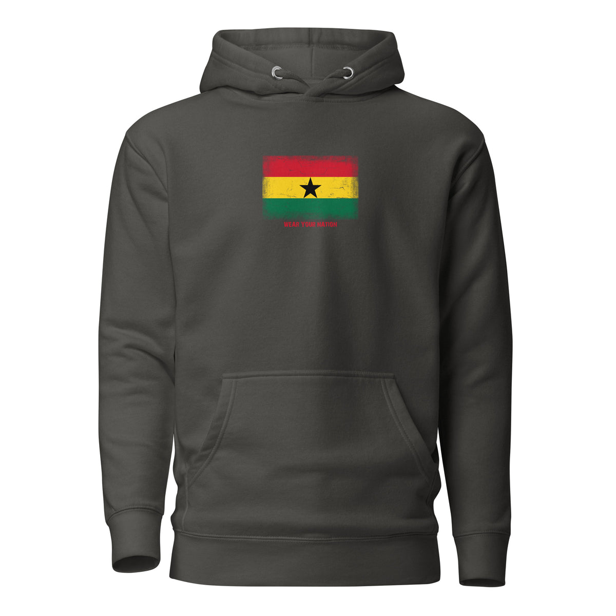 Ghana flag hoodie in Vintage Black, vintage-washed print, flag on the chest, unisex cut, front view