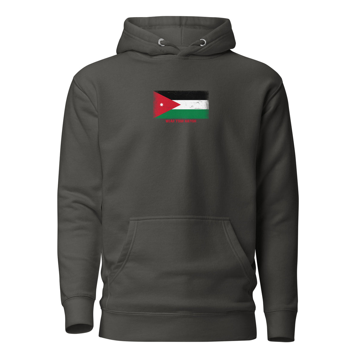 Jordan flag hoodie in Vintage Black, vintage-washed print, flag on the chest, unisex cut, front view