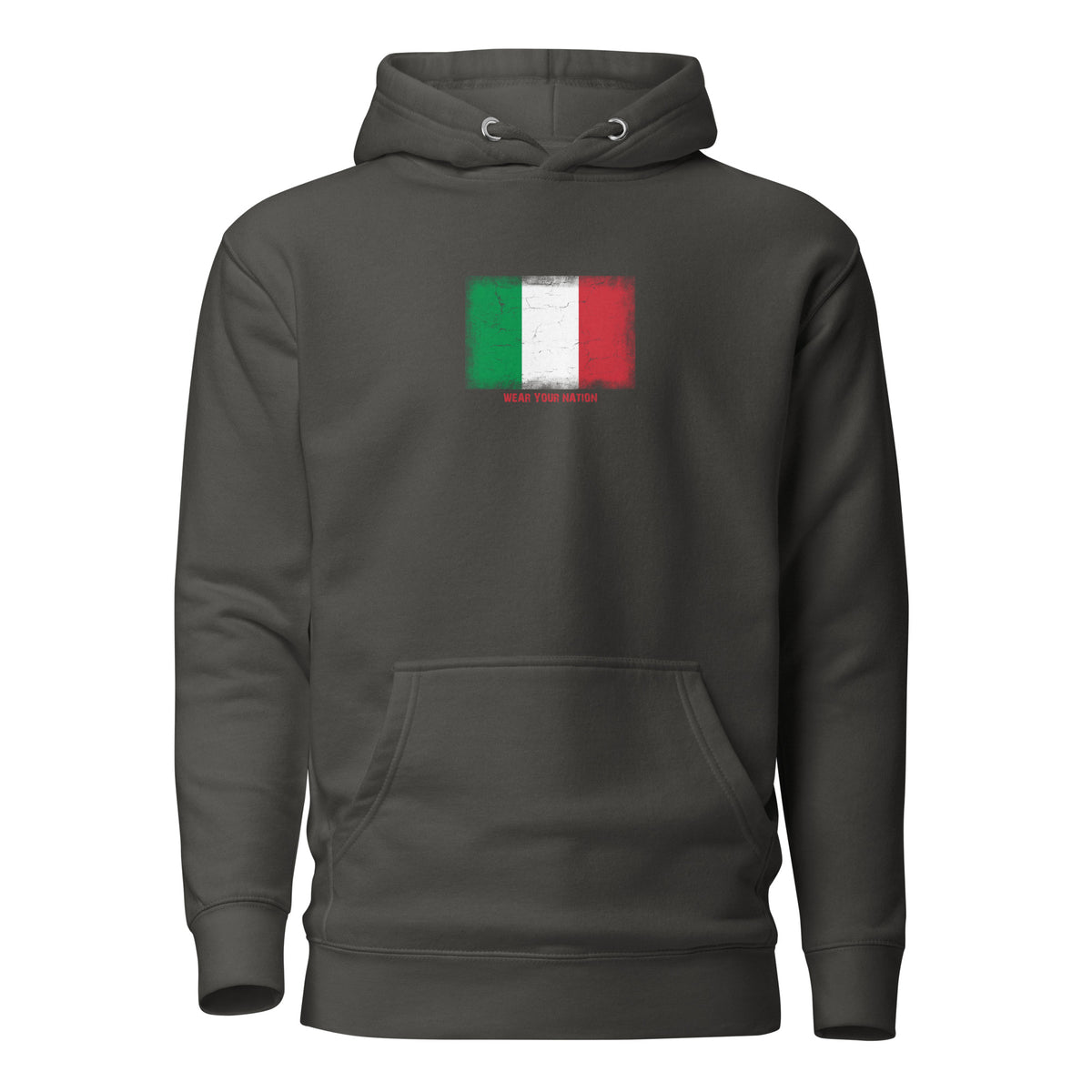 Italy flag hoodie in Vintage Black, vintage-washed print, flag on the chest, unisex cut, front view
