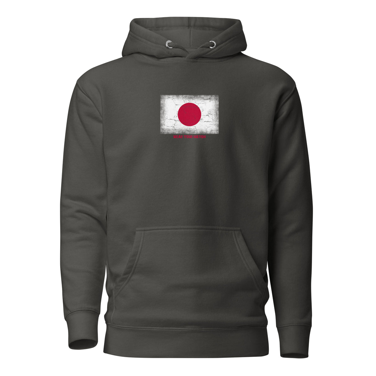 Japan flag hoodie in Vintage Black, vintage-washed print, flag on the chest, unisex cut, front view