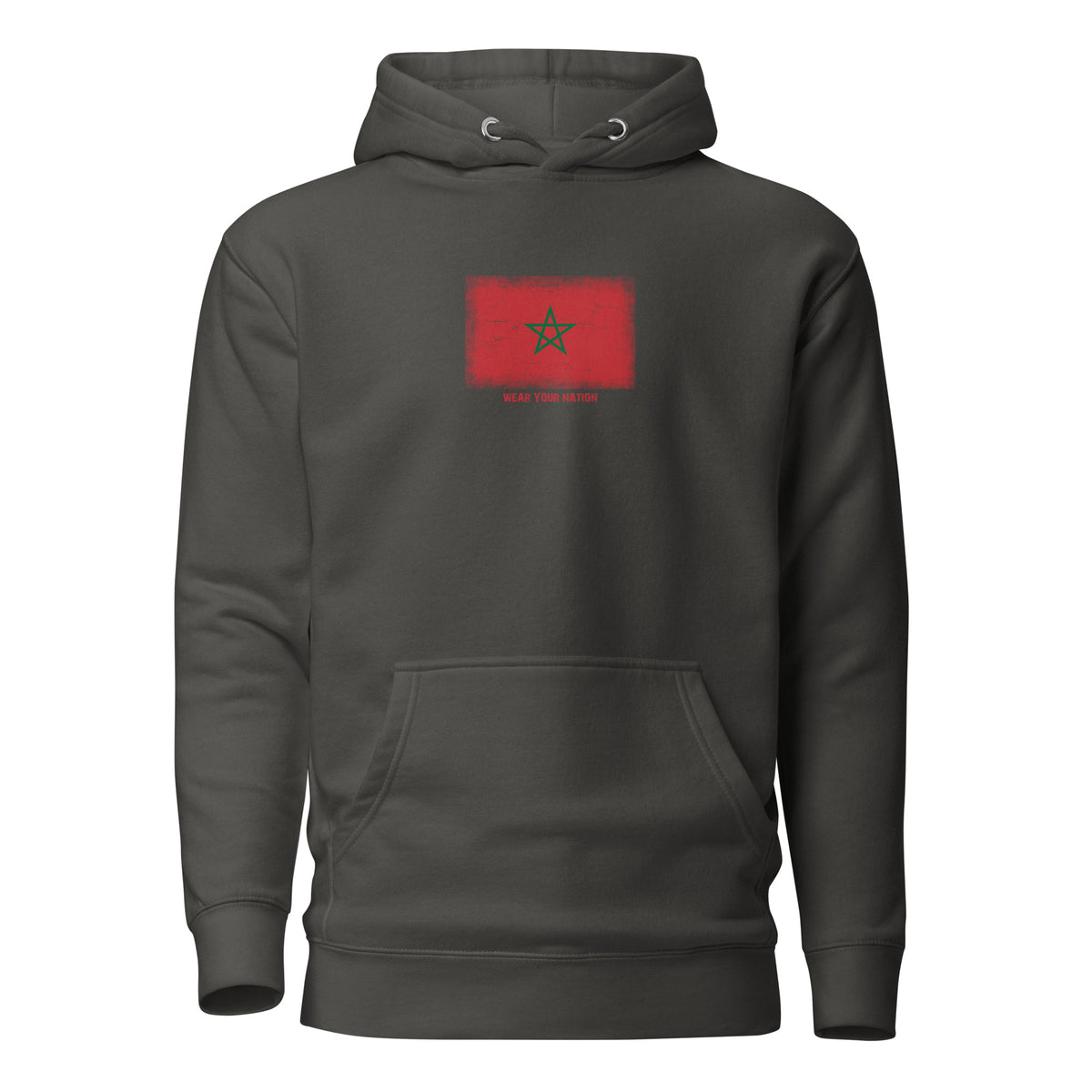 Morocco flag hoodie in Vintage Black, vintage-washed print, flag on the chest, unisex cut, front view