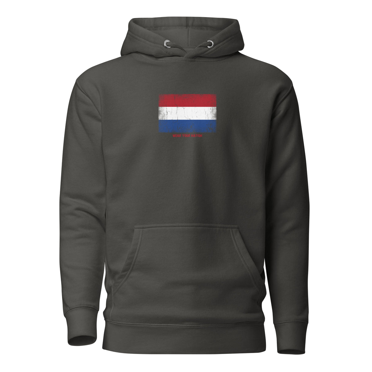 Netherlands flag hoodie in Vintage Black, vintage-washed print, flag on the chest, unisex cut, front view