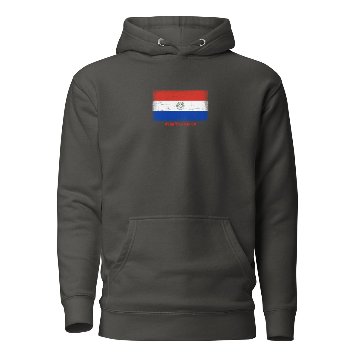 Paraguay flag hoodie in Vintage Black, vintage-washed print, flag on the chest, unisex cut, front view