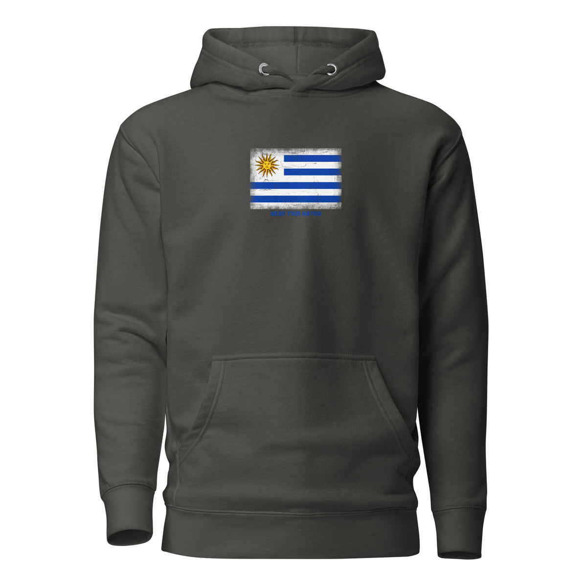 Uruguay flag hoodie in Vintage Black, vintage-washed print, flag on the chest, unisex cut, front view