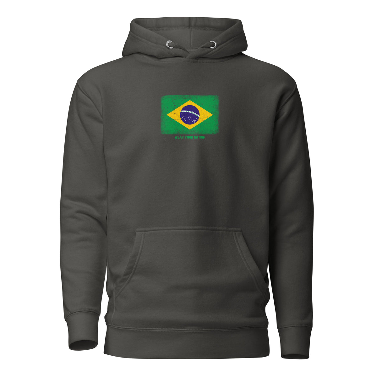 Brasil flag hoodie in Vintage Black, vintage-washed print, flag on the chest, unisex cut, front view