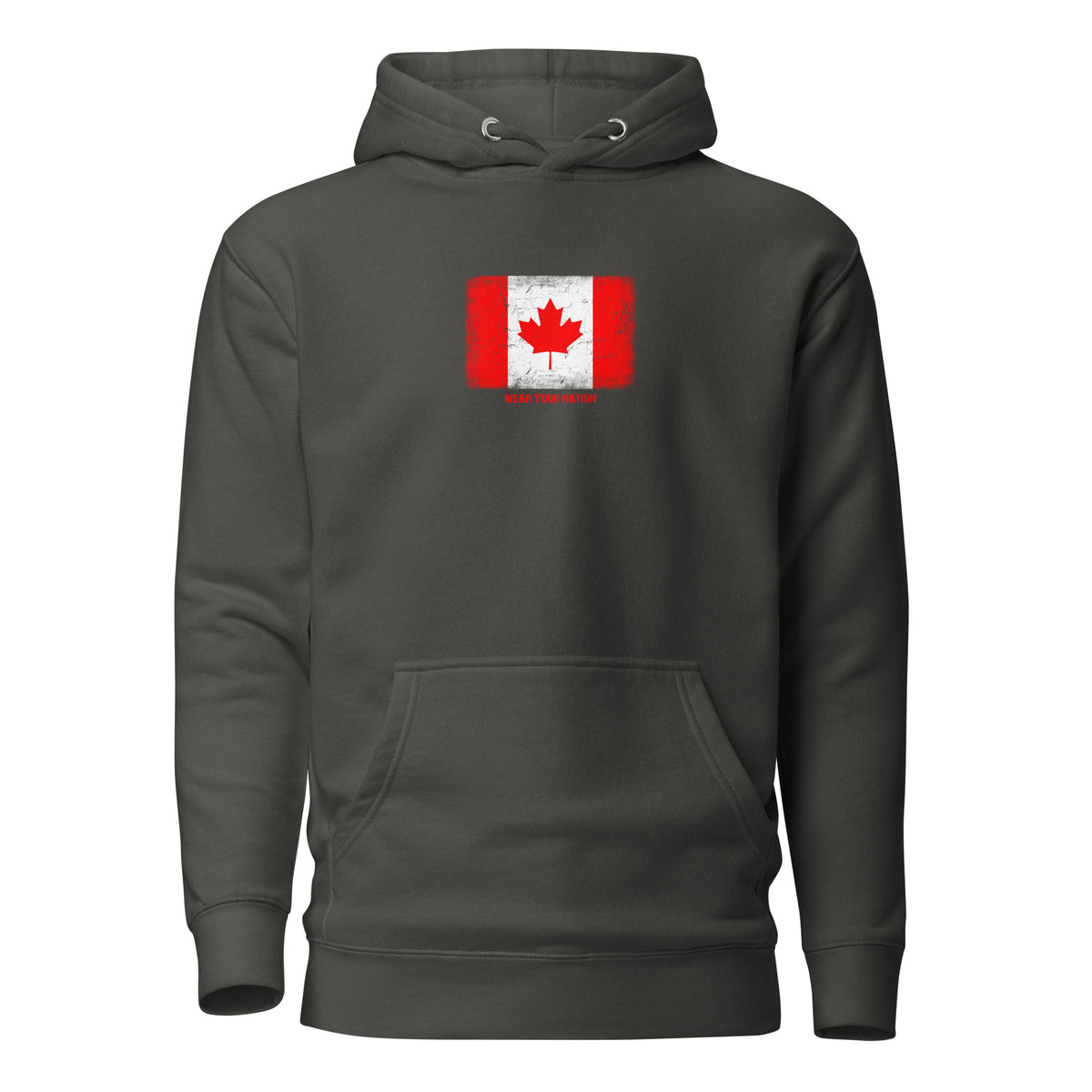 Canada flag hoodie in Vintage Black, vintage-washed print, flag on the chest, unisex cut, front view