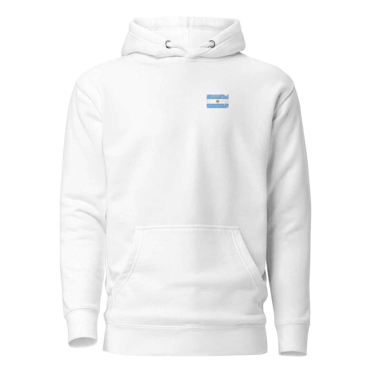 Argentina flag hoodie in White, vintage-washed print, small flag on the left chest, unisex cut, front view