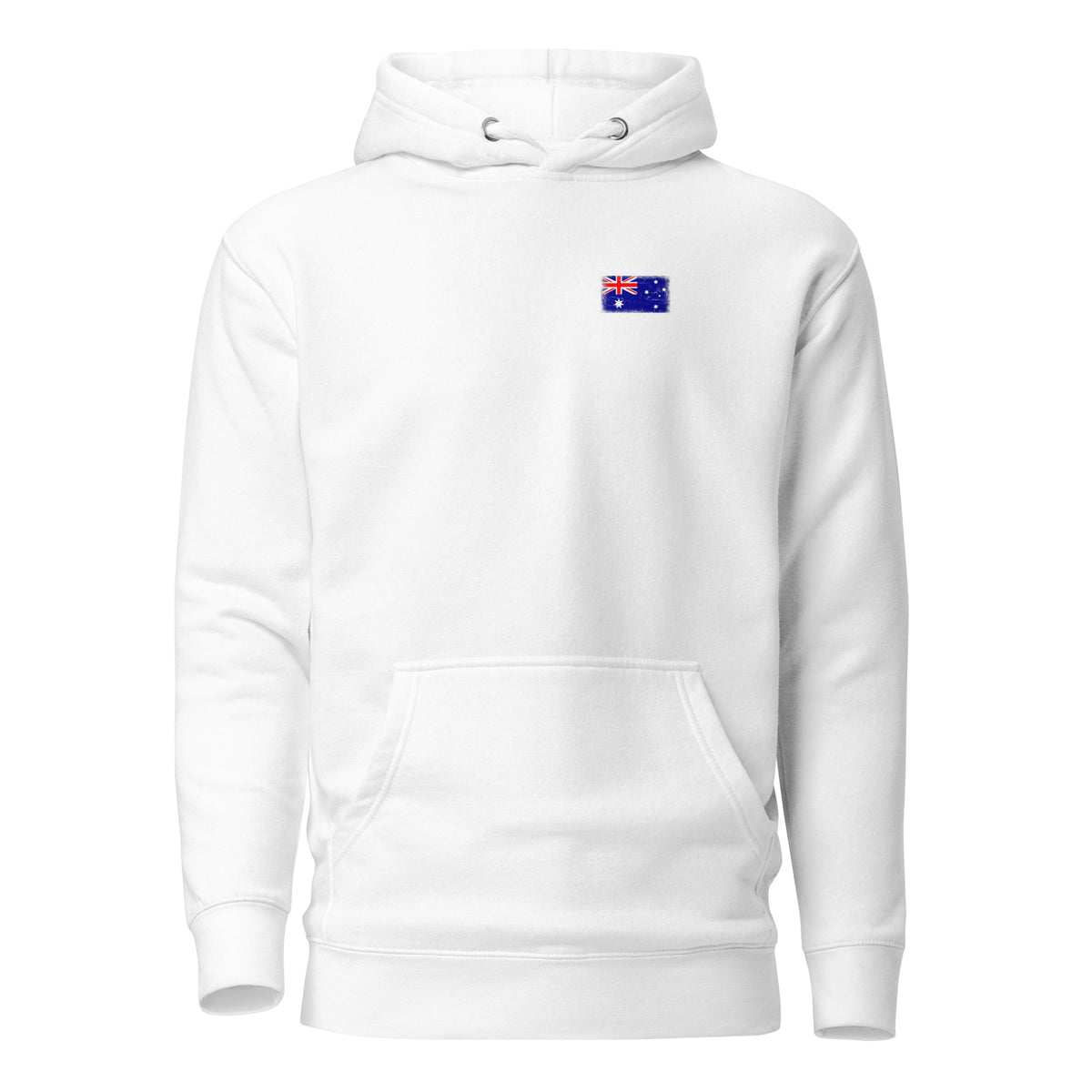 Australia flag hoodie in White, vintage-washed print, small flag on the left chest, unisex cut, front view