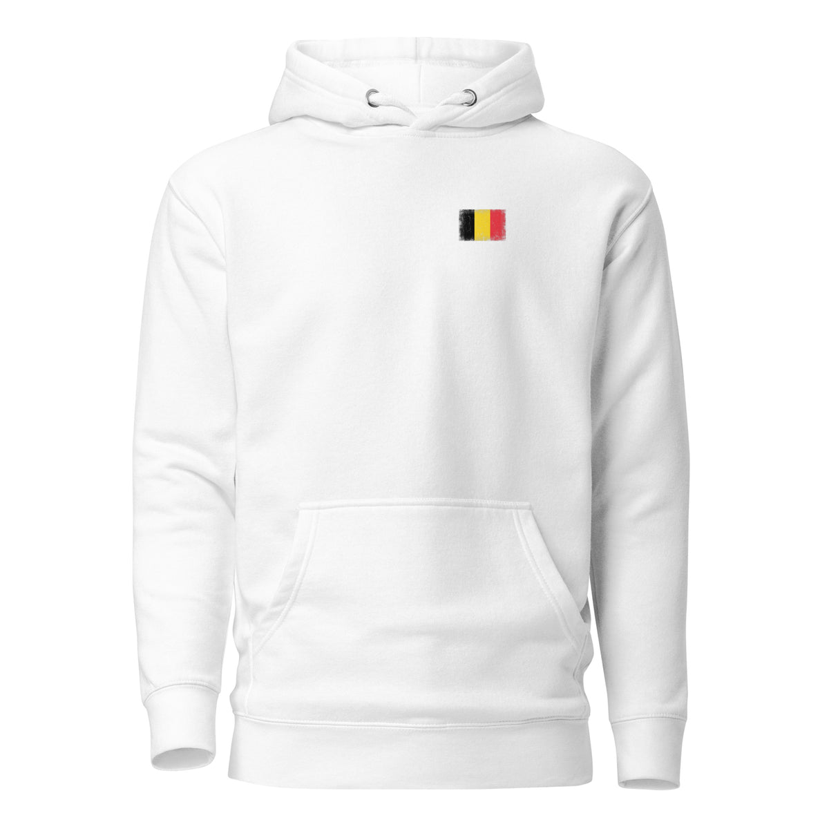 Belgium flag hoodie in White, vintage-washed print, small flag on the left chest, unisex cut, front view