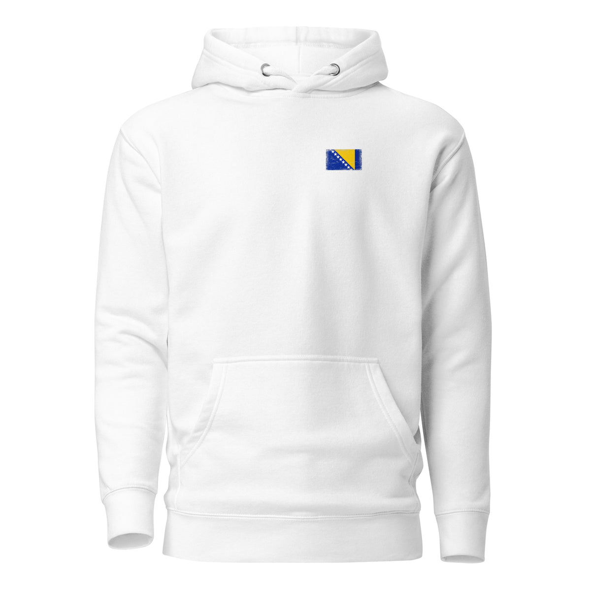 Bosnia and Herzegovina flag hoodie in White, vintage-washed print, small flag on the left chest, unisex cut, front view