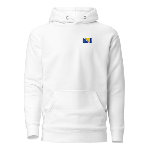 Bosnia and Herzegovina flag hoodie in White, vintage-washed print, small flag on the left chest, unisex cut, front view
