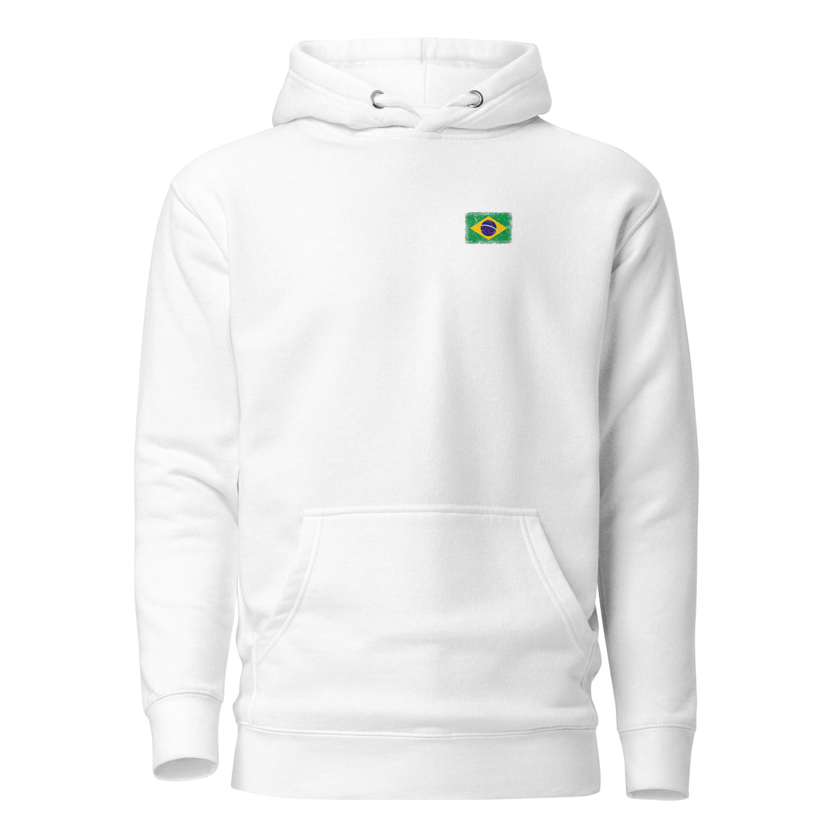 Brasil flag hoodie in White, vintage-washed print, small flag on the left chest, unisex cut, front view