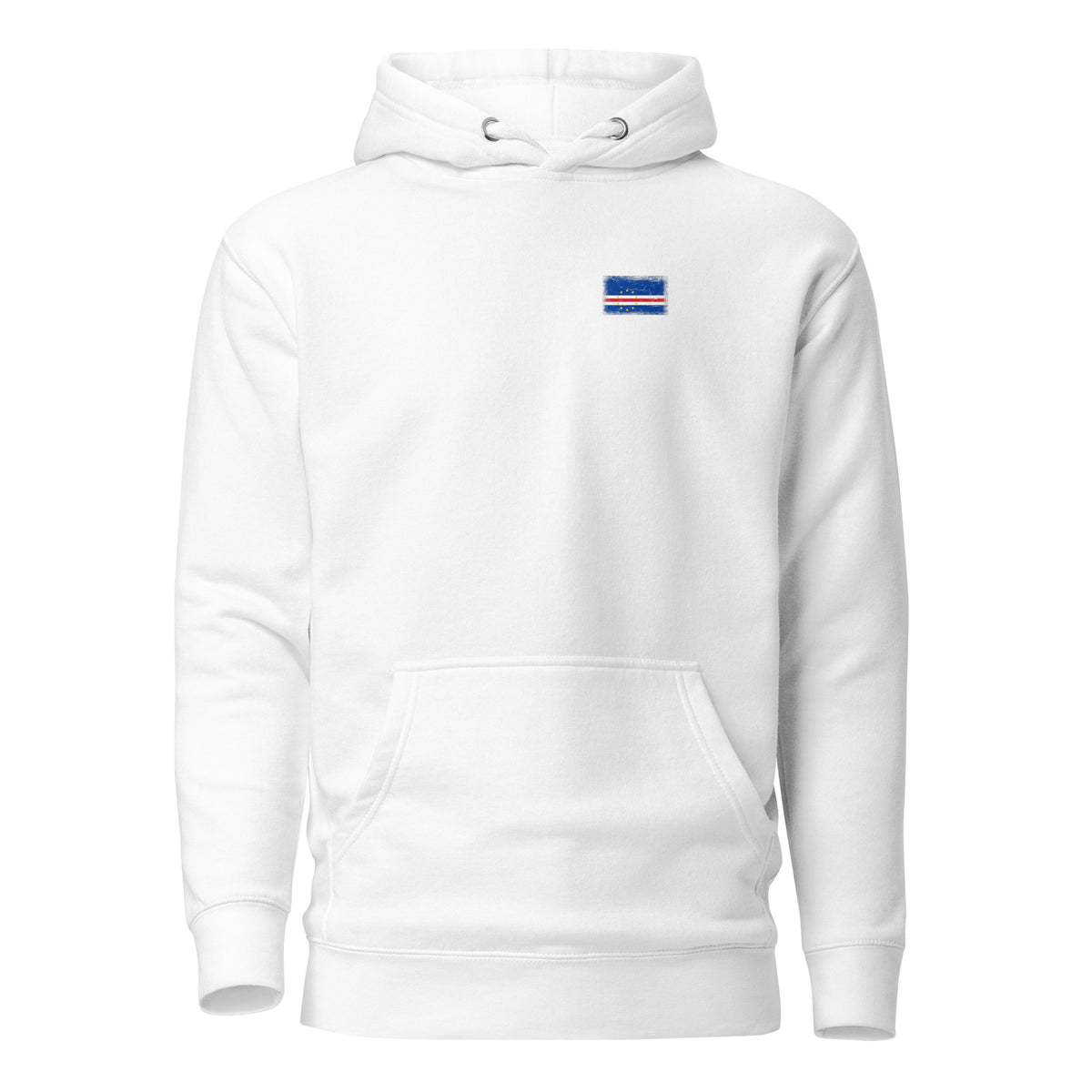 Cape Verde flag hoodie in White, vintage-washed print, small flag on the left chest, unisex cut, front view