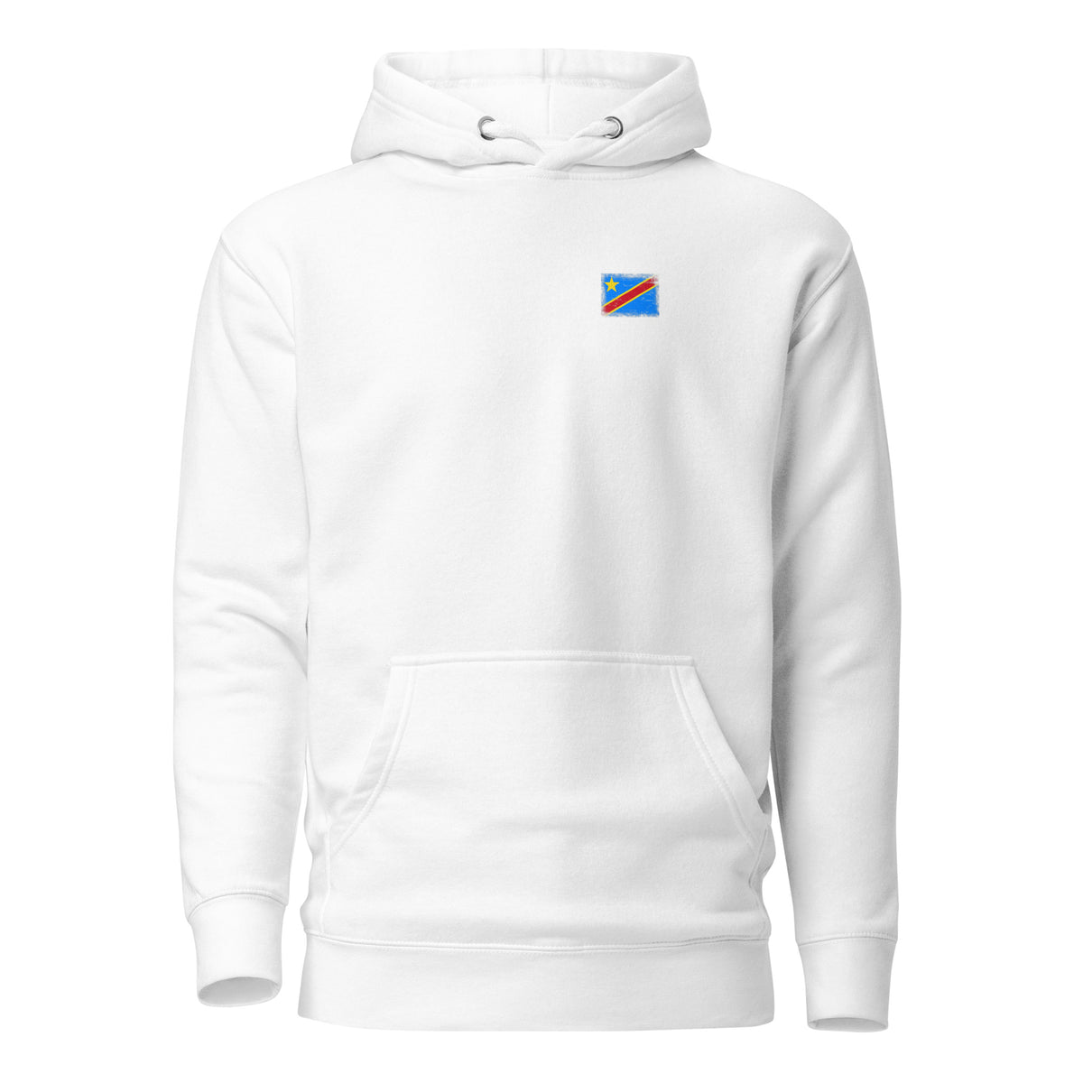 Congo flag hoodie in White, vintage-washed print, small flag on the left chest, unisex cut, front view