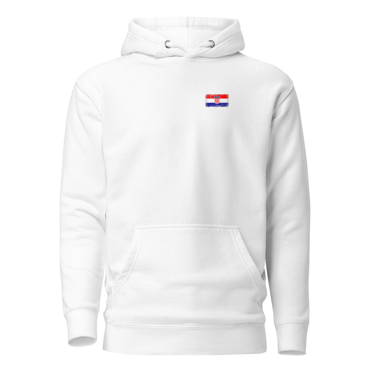 Croatia flag hoodie in White, vintage-washed print, small flag on the left chest, unisex cut, front view