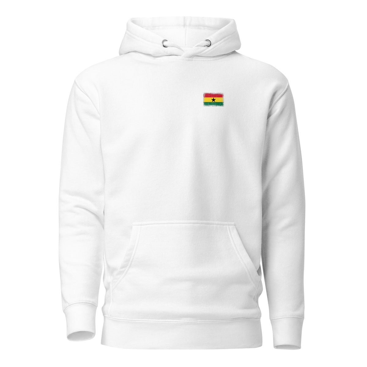 Ghana flag hoodie in White, vintage-washed print, small flag on the left chest, unisex cut, front view