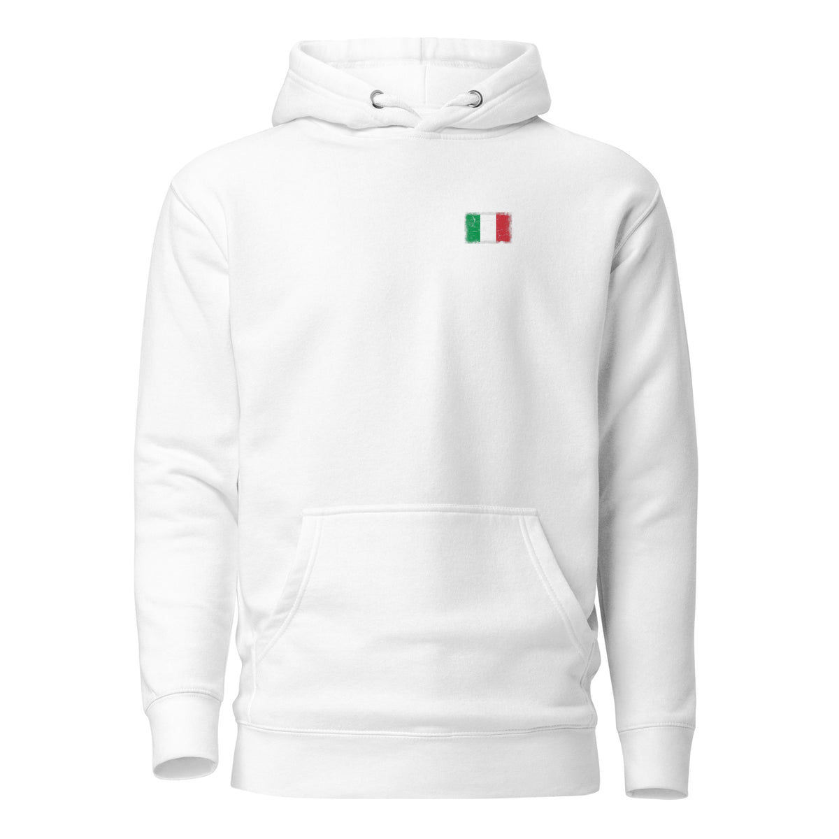 Italy flag hoodie in White, vintage-washed print, small flag on the left chest, unisex cut, front view