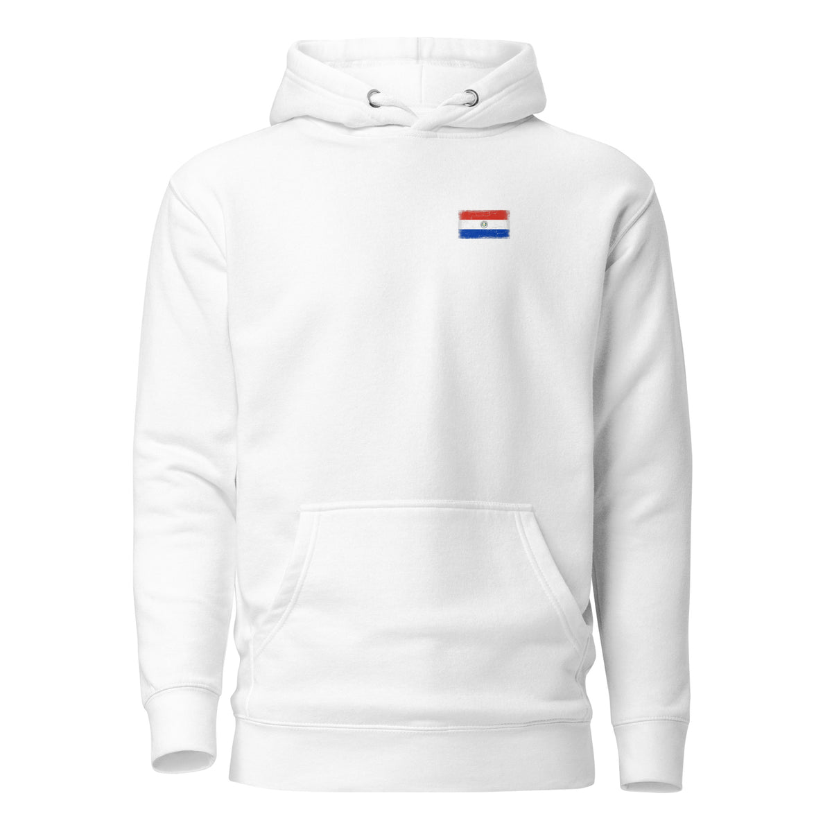 Paraguay flag hoodie in White, vintage-washed print, small flag on the left chest, unisex cut, front view