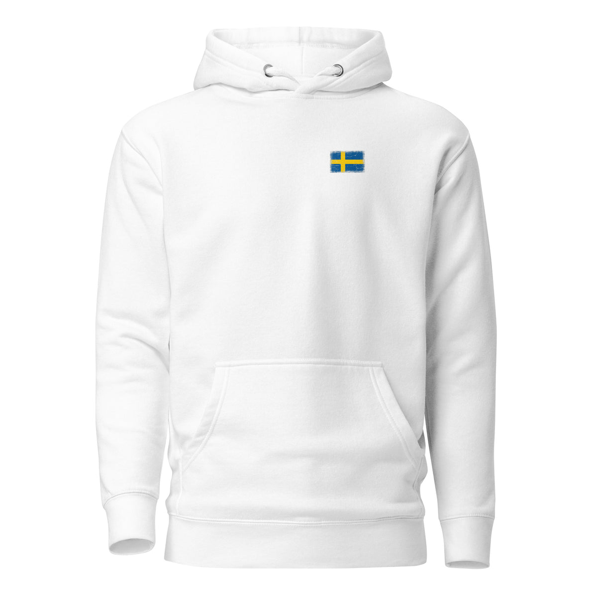 Sweden flag hoodie in White, vintage-washed print, small flag on the left chest, unisex cut, front view
