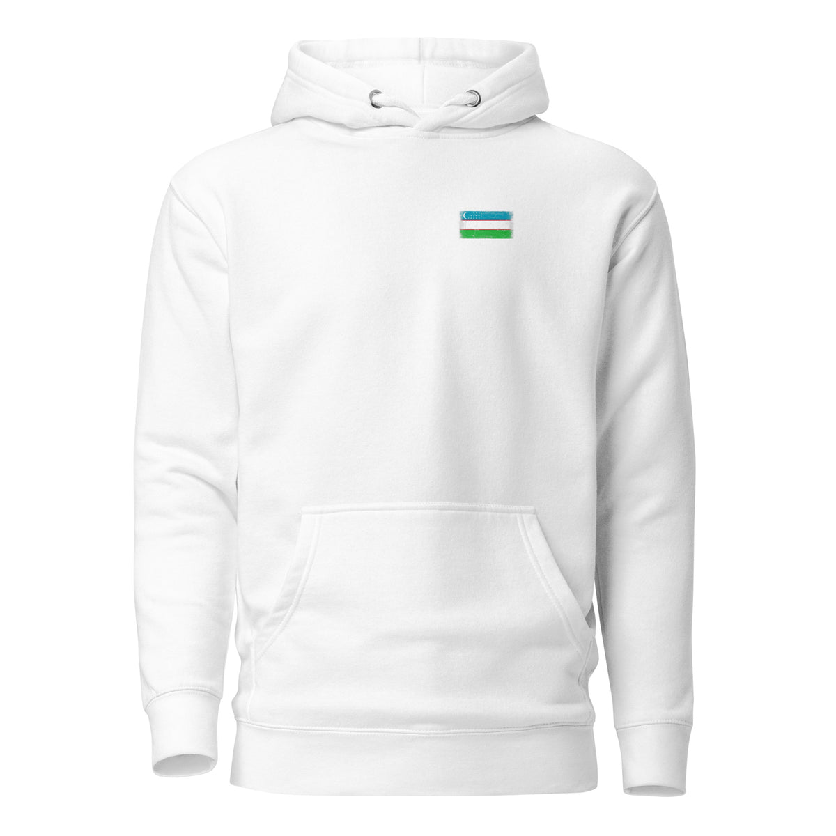 Uzbekistan flag hoodie in White, vintage-washed print, small flag on the left chest, unisex cut, front view