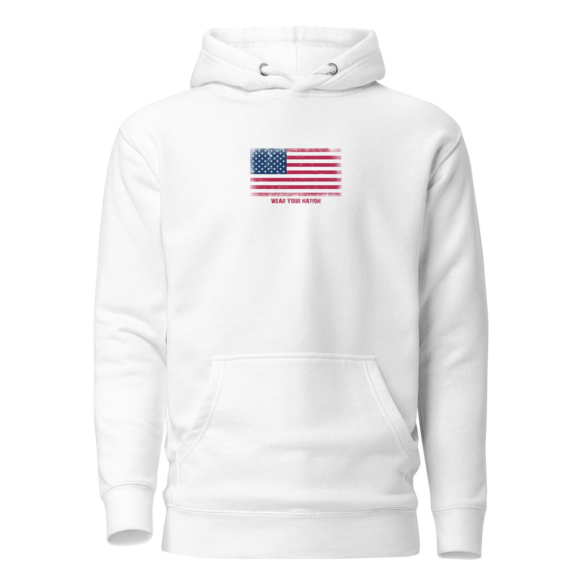 USA flag hoodie in White, vintage-washed print, flag on the chest, unisex cut, front view