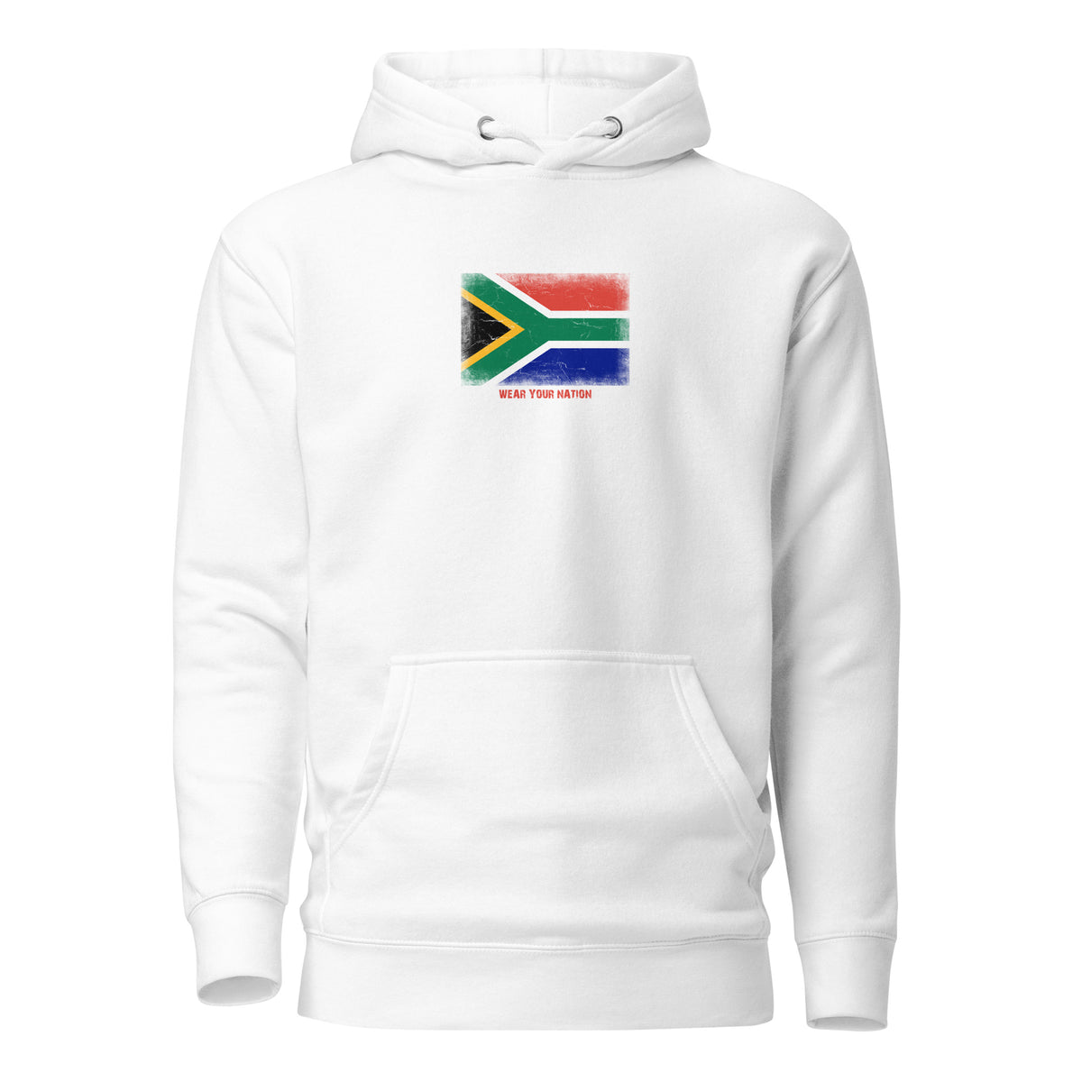 South Africa flag hoodie in White, vintage-washed print, flag on the chest, unisex cut, front view