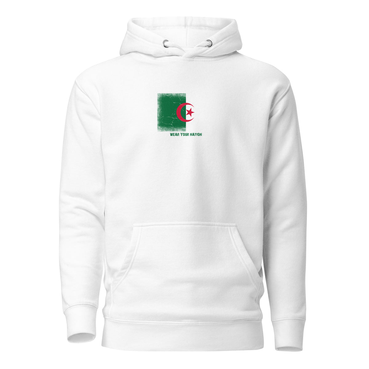 Algeria flag hoodie in White, vintage-washed print, flag on the chest, unisex cut, front view
