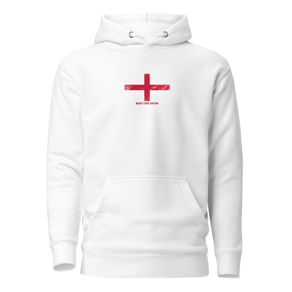 England flag hoodie in White, vintage-washed print, flag on the chest, unisex cut, front view