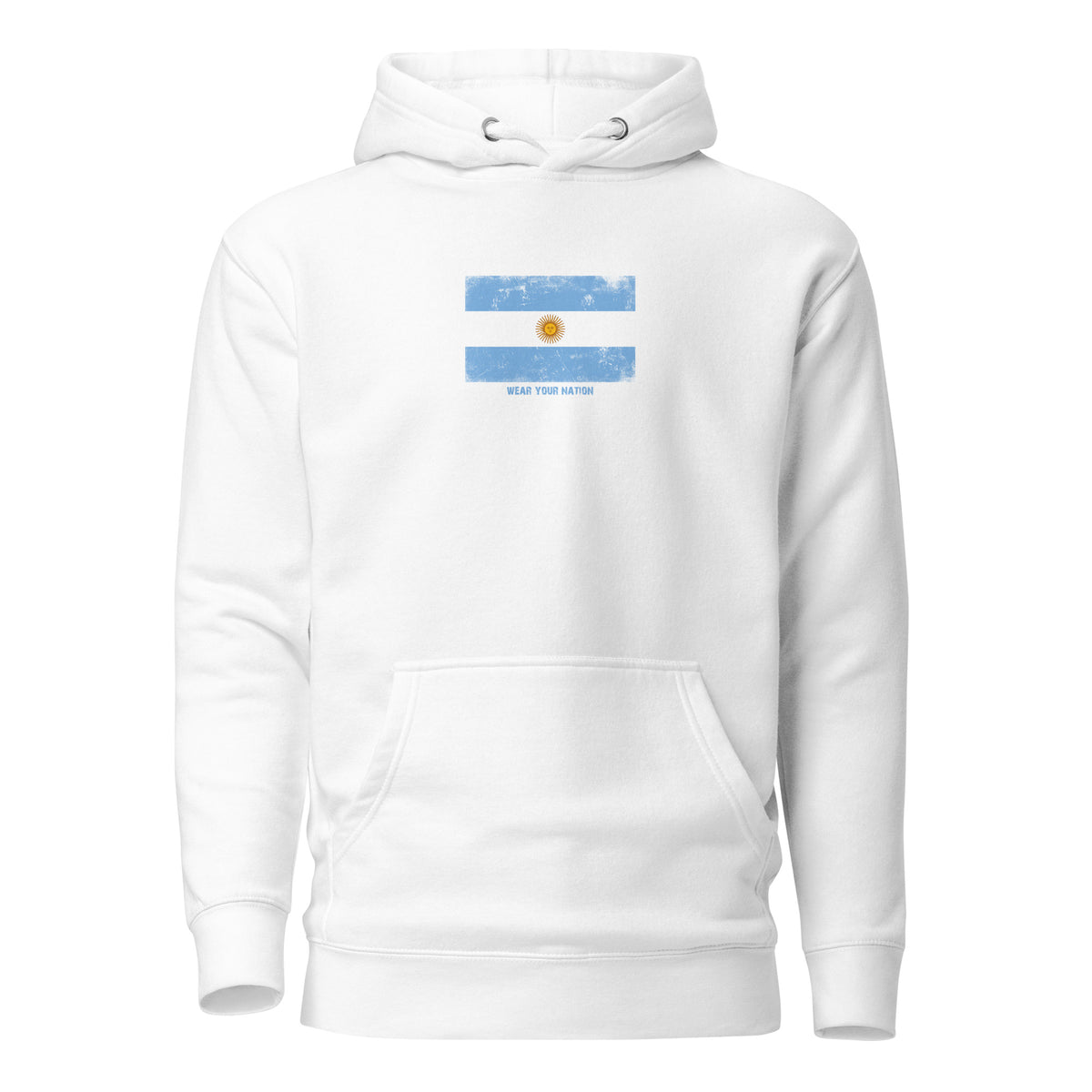 Argentina flag hoodie in White, vintage-washed print, flag on the chest, unisex cut, front view